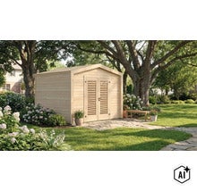 Holzgartenhaus mit Doppeltür und Lamellenoptik in einem gepflegten Garten auf einer Steinplatte. (Image AI modified or generated)