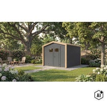 Gartenhaus aus Holz mit Doppeltür und Fenstereinsätzen in einem gepflegten Garten mit Sitzbereich und Bäumen. (Image AI modified or generated)