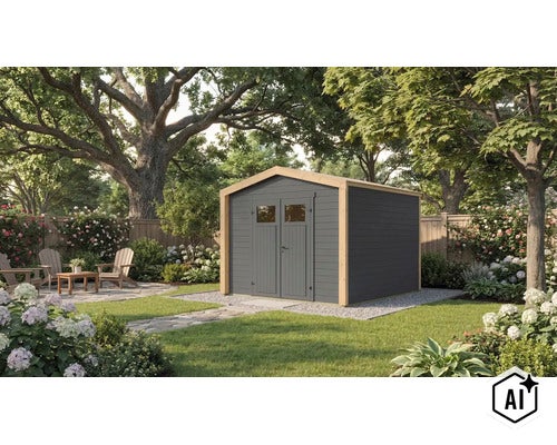 Gartenhaus aus Holz mit Doppeltür und Fenstereinsätzen in einem gepflegten Garten mit Sitzbereich und Bäumen. (Image AI modified or generated)