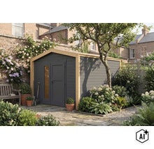 Modernes Gartenhaus aus Holz mit Doppeltür und Glaselement in einem gepflegten Garten mit Terrasse und Pflanzen. (Image AI modified or generated)