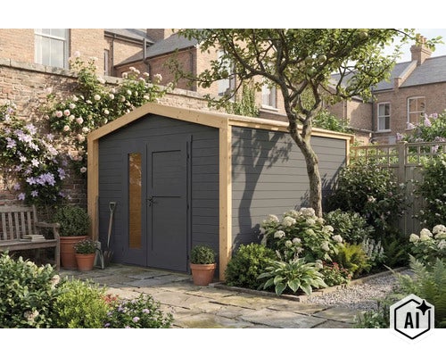 Modernes Gartenhaus aus Holz mit Doppeltür und Glaselement in einem gepflegten Garten mit Terrasse und Pflanzen. (Image AI modified or generated)