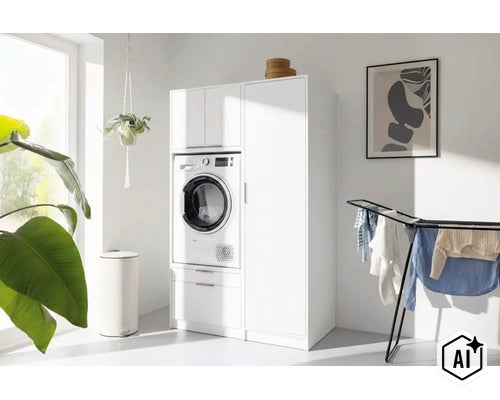 Moderner Waschmaschinenschrank mit integriertem Trockner und Beischrank in einer hellen Waschküche. (Image AI modified or generated)