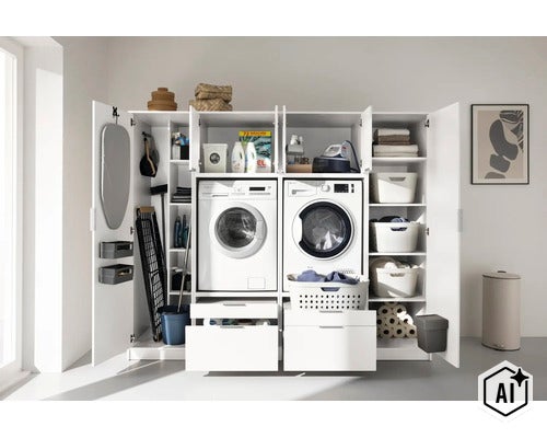 Weißer, strukturierter Waschmaschinenschrank mit Waschmaschine, Trockner, Regalfächern, Auszügen und Halterungen für Haushaltsgeräte. (Image AI modified or generated)