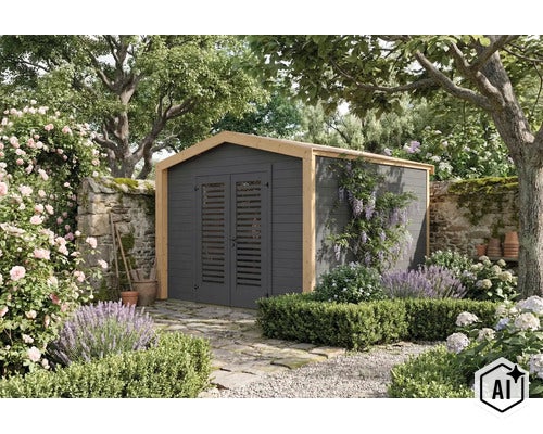 Modernes Gartenhaus aus Holz mit Doppeltür und Lamellen in einem gepflegten, blühenden Garten mit Natursteinmauer. (Image AI modified or generated)