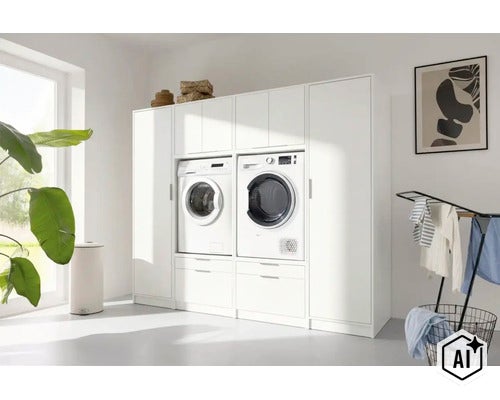 Weißer Waschmaschinenschrank als modulares Schranksystem für Waschmaschine und Trockner im hellen Hausarbeitsraum. (Image AI modified or generated)