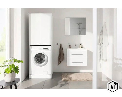 Modernes, helles Badezimmer mit einem weißen Waschmaschinenschrank über einer Waschmaschine, einem Waschtisch mit Unterschrank und Spiegel. (Image AI modified or generated)