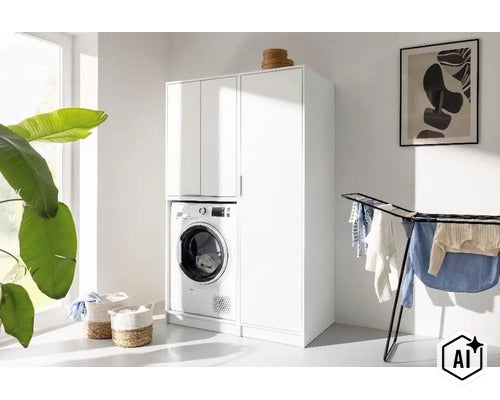 Weißer Waschmaschinenschrank und hoher Beistellschrank in einer hellen, modernen Waschküche mit Wäscheständer. (Image AI modified or generated)