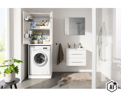 Modernes Badezimmer mit weißem Waschmaschinenschrank, integrierter Waschmaschine, Waschtisch mit Unterschrank und Spiegel. (Image AI modified or generated)