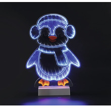 LED-Pinguin mit Infinity-Spiegeleffekt, dekorative Weihnachtsfigur mit Mütze, Schal und Ohrenschützern.