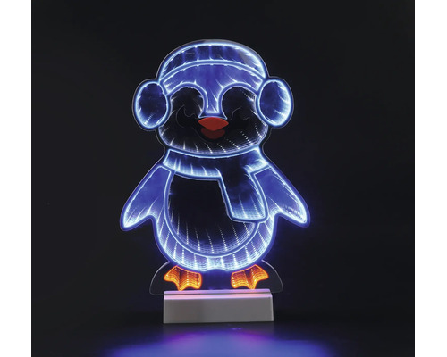 LED-Pinguin mit Infinity-Spiegeleffekt, dekorative Weihnachtsfigur mit Mütze, Schal und Ohrenschützern.