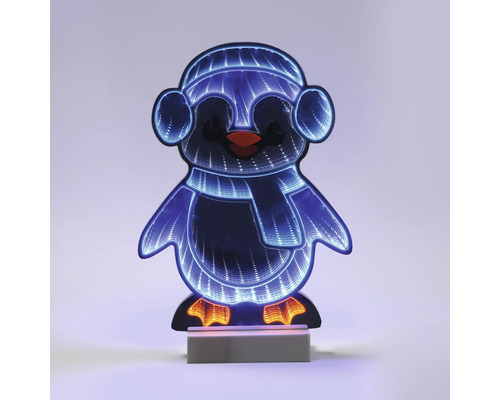 LED-Dekoleuchte Pinguin mit Unendlichkeitseffekt, Pinguin mit Mütze und Schal auf einem Sockel.