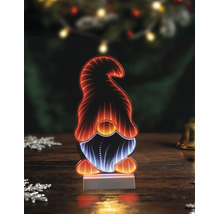 LED-Unendlichkeitsspiegel Weihnachtsdekoration in Form eines Wichtels mit orangefarbenem und weißem Licht auf einem Holztisch.