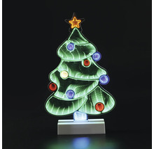 LED-Dekoleuchte Weihnachtsbaum mit Unendlichkeitseffekt, bunten Lichtern und Stern auf weißem Standfuß.