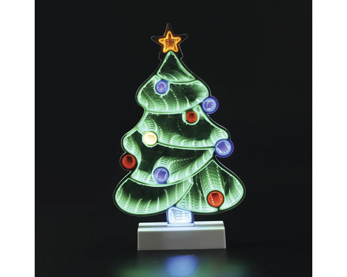 LED-Dekoleuchte Weihnachtsbaum mit Unendlichkeitseffekt, bunten Lichtern und Stern auf weißem Standfuß.