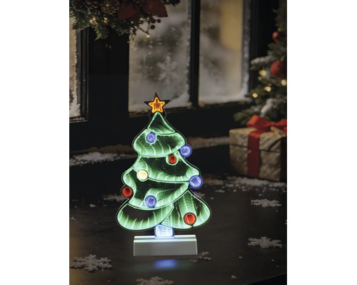 LED-Weihnachtsbaum mit Infinity-Spiegel-Effekt, bunten Lichtern und Stern auf weißem Standfuß in weihnachtlicher Szenerie.