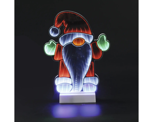 LED-Weihnachtswichtel mit Infinity-Spiegeleffekt, dekorative Leuchtfigur für Weihnachten auf weißem Sockel.