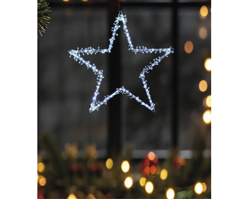 Hängender LED-Stern als festliche Fensterdekoration mit vielen kleinen Leuchten.