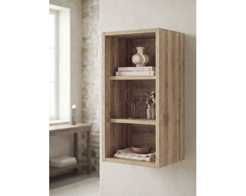 Rechteckiges Wandregal aus Holz mit drei offenen Fächern, dekoriert mit einer Vase, Büchern und Deko-Objekten in einem hellen Raum.