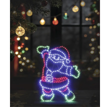 LED Weihnachtsdekoration in Form eines Weihnachtsmannes aus farbigen Lichtern vor festlichem Hintergrund.