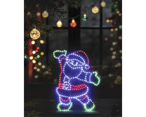 LED Weihnachtsdekoration in Form eines Weihnachtsmannes aus farbigen Lichtern vor festlichem Hintergrund.