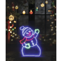 LED-Silhouette Schneemann als Weihnachtsdekoration im Innenbereich, mit Mütze und Schal, platziert in einer festlich beleuchteten Umgebung.