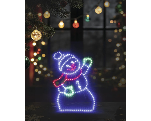 LED-Silhouette Schneemann als Weihnachtsdekoration im Innenbereich, mit Mütze und Schal, platziert in einer festlich beleuchteten Umgebung.