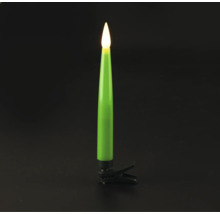 Kabellose LED-Christbaumkerze in Grün mit Befestigungsclip und warmweißer Flamme.