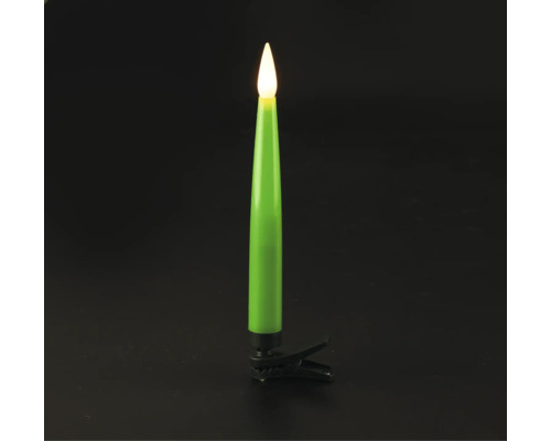 Kabellose LED-Christbaumkerze in Grün mit Befestigungsclip und warmweißer Flamme.