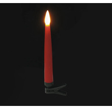 Rote LED-Christbaumkerze mit Halteclip und leuchtender Flamme.