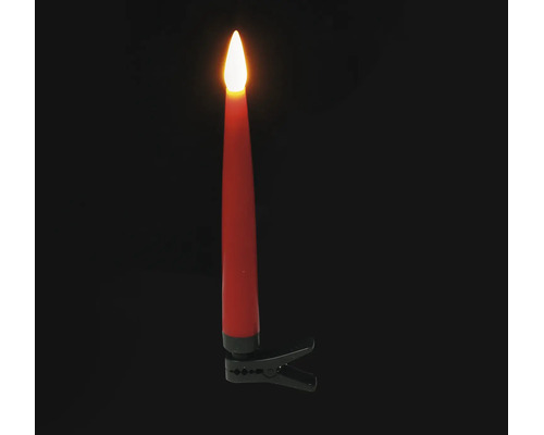 Rote LED-Christbaumkerze mit Halteclip und leuchtender Flamme.