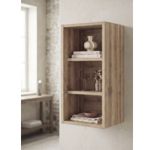Rechteckiges Wandregal aus Holz mit drei offenen Fächern, dekoriert mit einer Vase, Büchern und Deko-Objekten in einem hellen Raum.