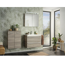 Modernes Badezimmer mit Waschtischunterschrank in heller Holzoptik, weißem Waschbecken, Spiegelschrank mit Beleuchtung und passendem Beischrank.