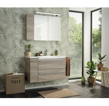 Modernes Badezimmer-Set mit Waschtischunterschrank in Holzoptik, weißem Waschbecken und Spiegelschrank vor Palmentapete.