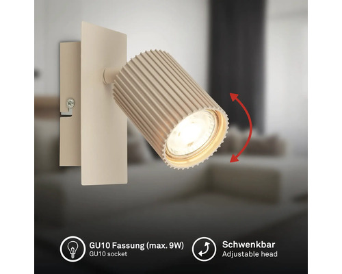 Wandspot mit geriffeltem, schwenkbarem Kopf und GU10-Fassung für maximal 9 Watt Leuchtmittel.