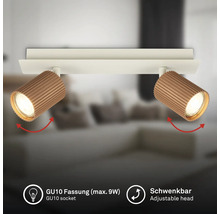 Deckenstrahler zweiflammig mit verstellbaren Köpfen, gerippte Oberfläche, GU10 Fassung maximal 9 Watt, schwenkbar.