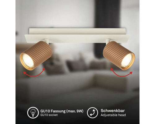 Deckenstrahler zweiflammig mit verstellbaren Köpfen, gerippte Oberfläche, GU10 Fassung maximal 9 Watt, schwenkbar.