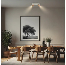 Moderne Deckenleuchte mit zwei drehbaren Strahlern über einem hölzernen Esstisch in einem hellen, aufgeräumten Esszimmer.