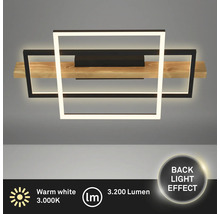 Moderne LED-Deckenleuchte mit Holz und Metallrahmen, 3200 Lumen, warmweißes Licht mit 3000 Kelvin und Hintergrundbeleuchtungseffekt.