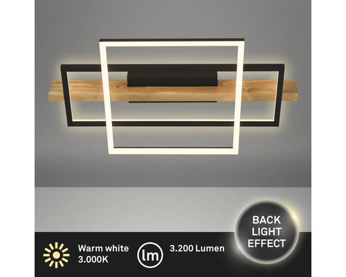 Moderne LED-Deckenleuchte mit Holz und Metallrahmen, 3200 Lumen, warmweißes Licht mit 3000 Kelvin und Hintergrundbeleuchtungseffekt.