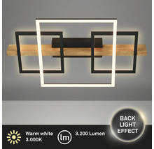 Moderne LED-Leuchte mit drei Quadraten und Holzbalken, warmweißes Licht, 3000 Kelvin, 3200 Lumen, Backlight-Effekt.