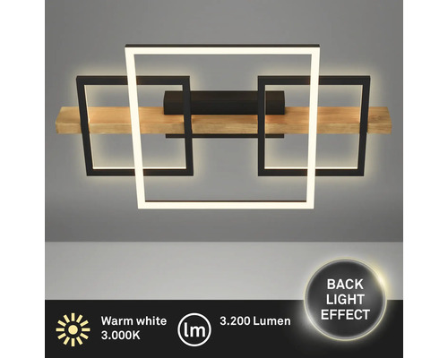 Moderne LED-Leuchte mit drei Quadraten und Holzbalken, warmweißes Licht, 3000 Kelvin, 3200 Lumen, Backlight-Effekt.