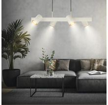Modernes Wohnzimmer mit weißer vierflammiger Pendelleuchte, grauem Ecksofa, Marmor-Couchtisch und großer Zimmerpalme.