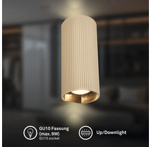 Zylinderförmige Wandleuchte mit geriffelter Oberfläche, GU10 Fassung für maximal 9 Watt, Up-and-Downlight-Funktion.