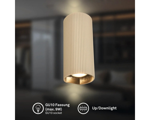 Zylinderförmige Wandleuchte mit geriffelter Oberfläche, GU10 Fassung für maximal 9 Watt, Up-and-Downlight-Funktion.
