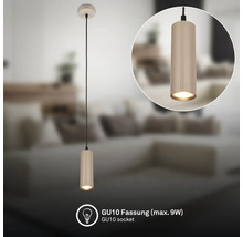 Zylindrische Pendelleuchte mit gerippter Oberfläche und GU10-Fassung für maximal 9 Watt.