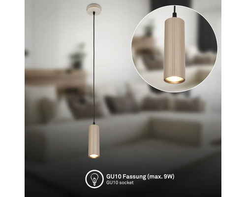 Zylindrische Pendelleuchte mit gerippter Oberfläche und GU10-Fassung für maximal 9 Watt.