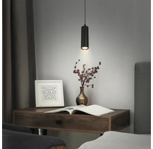 Moderne schwarze zylindrische Pendelleuchte mit gerippter Oberfläche über einem Schreibtisch aus Holz mit Buch und Vase.