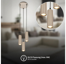 Dreiflammige Pendelleuchte mit geriffelten zylindrischen Schirmen und GU10 Fassung für maximal 9 Watt.