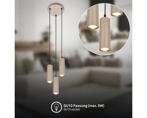 Dreiflammige Pendelleuchte mit geriffelten zylindrischen Schirmen und GU10 Fassung für maximal 9 Watt.