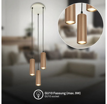 Dreiflammige Pendelleuchte mit zylindrischen, geriffelten Schirmen und GU10-Fassungen für maximal 9 Watt.